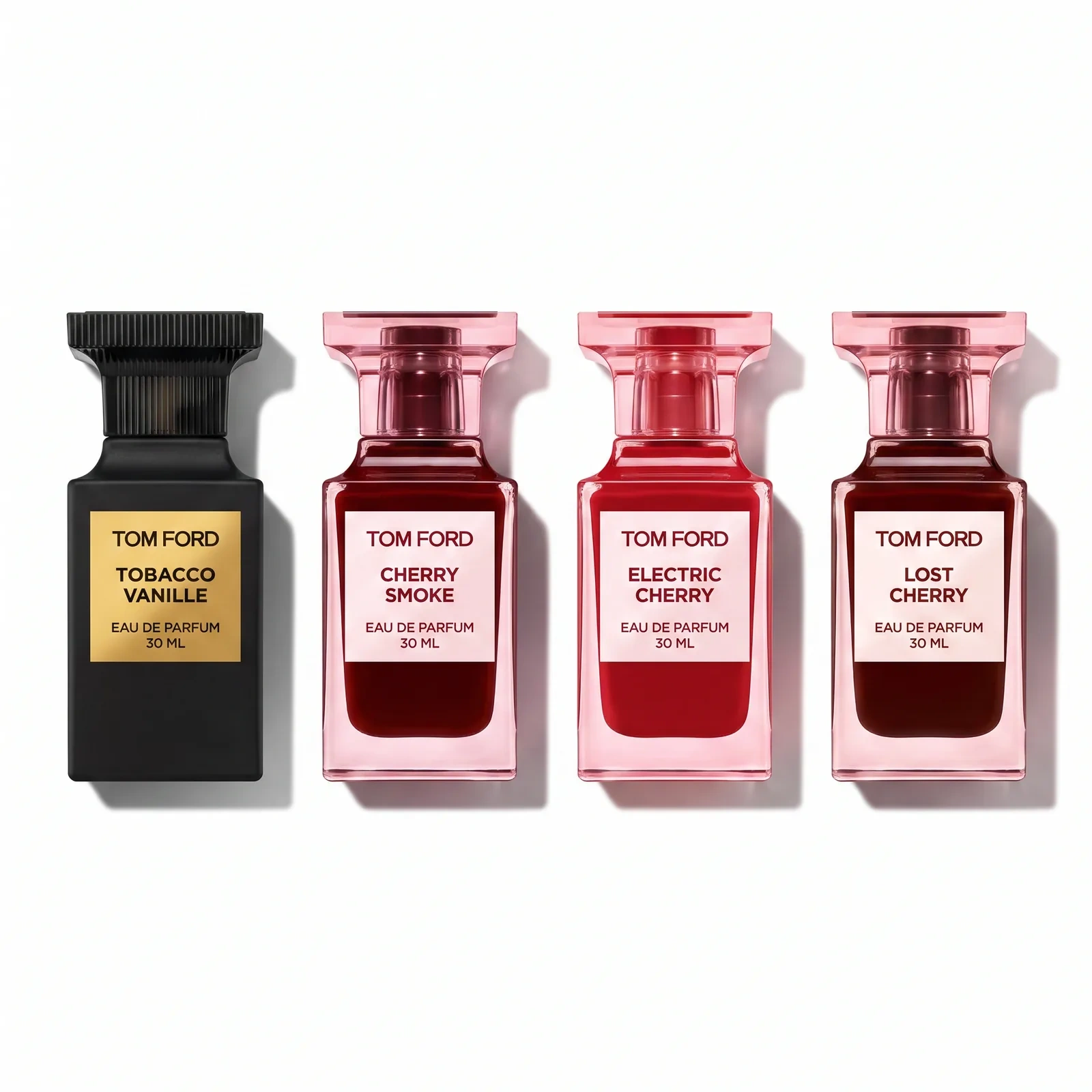 Cztery flakony Tom Ford 30 ml obok siebie