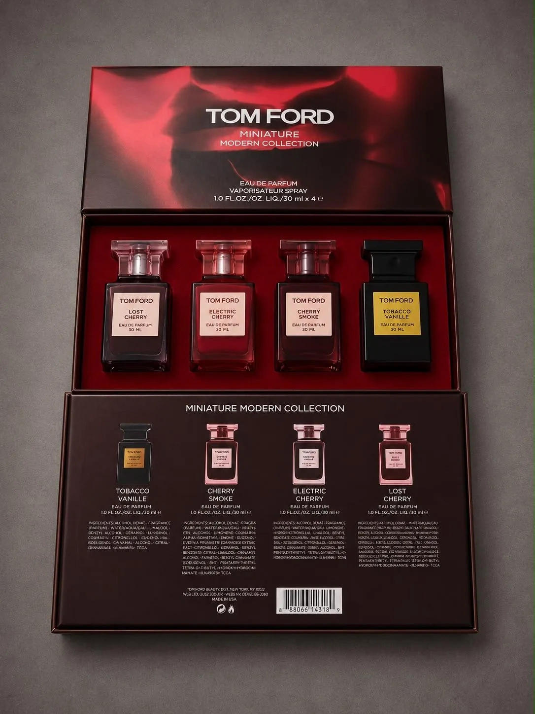 Otwarte pudełko Tom Ford Miniature Modern Collection z czterema flakonami 30 ml